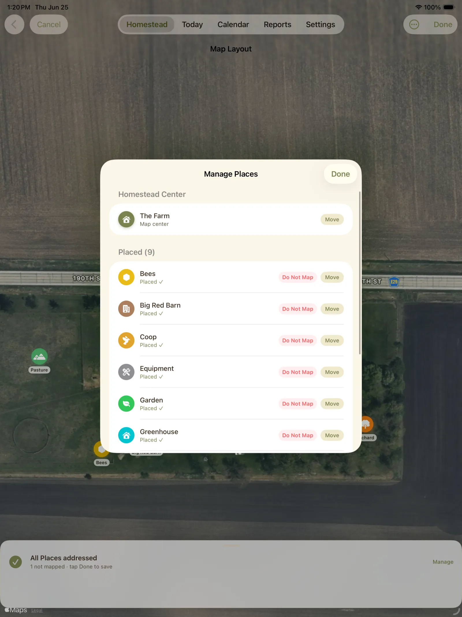 Map screen with a manage places popover listing homestead places and statuses.